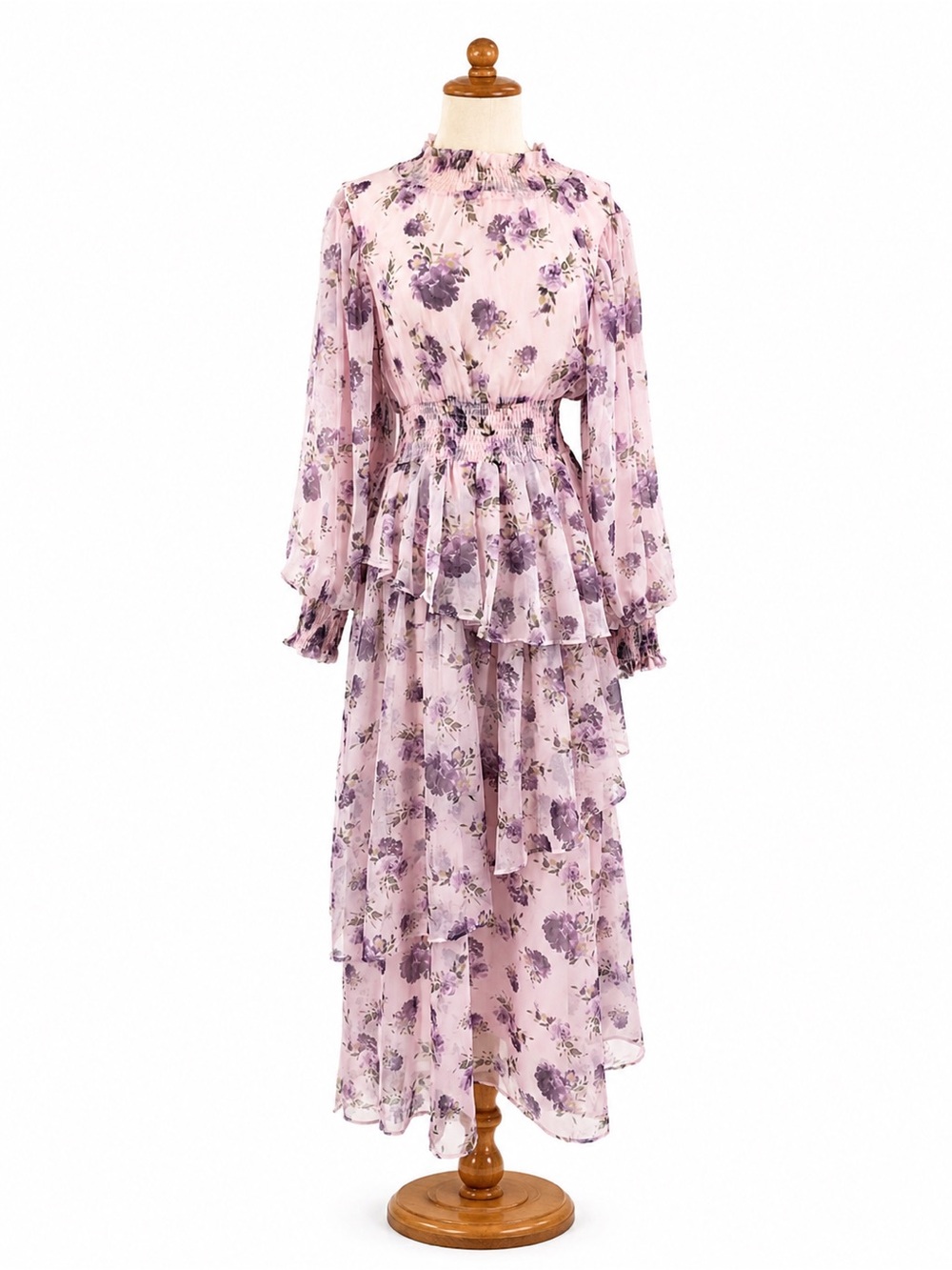 Batul The Collection floral tiered modest XS dress maxi dress chiffon PINK